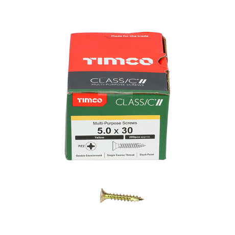 This is an image showing TIMCO Classic Multi-Purpose Screws - PZ - Double Countersunk - Yellow - 5.0 x 30 - 200 Pieces Box available from T.H Wiggans Ironmongery in Kendal, quick delivery at discounted prices.