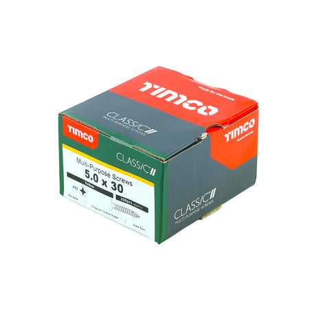 This is an image showing TIMCO Classic Multi-Purpose Screws - PZ - Pan Head - Yellow - 5.0 x 30 - 200 Pieces Box available from T.H Wiggans Ironmongery in Kendal, quick delivery at discounted prices.