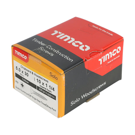 This is an image showing TIMCO Solo Chipboard & Woodscrews - PZ - Double Countersunk - Yellow - 5.0 x 30 - 200 Pieces Box available from T.H Wiggans Ironmongery in Kendal, quick delivery at discounted prices.