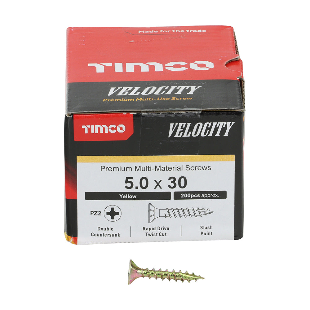 This is an image showing TIMCO Velocity Premium Multi-Use Screws - PZ - Double Countersunk - Yellow
- 5.0 x 30 - 200 Pieces Box available from T.H Wiggans Ironmongery in Kendal, quick delivery at discounted prices.