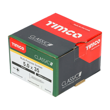 This is an image showing TIMCO Classic Multi-Purpose Screws - PZ - Double Countersunk - Yellow - 5.0 x 35 - 200 Pieces Box available from T.H Wiggans Ironmongery in Kendal, quick delivery at discounted prices.