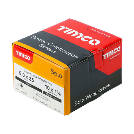 This is an image showing TIMCO Solo Chipboard & Woodscrews - PZ - Double Countersunk - Yellow - 5.0 x 35 - 200 Pieces Box available from T.H Wiggans Ironmongery in Kendal, quick delivery at discounted prices.
