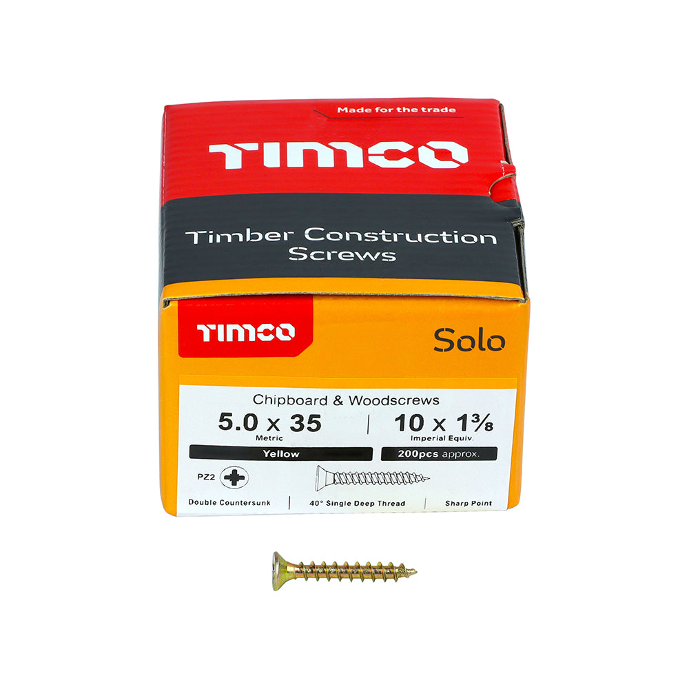 This is an image showing TIMCO Solo Chipboard & Woodscrews - PZ - Double Countersunk - Yellow - 5.0 x 35 - 200 Pieces Box available from T.H Wiggans Ironmongery in Kendal, quick delivery at discounted prices.