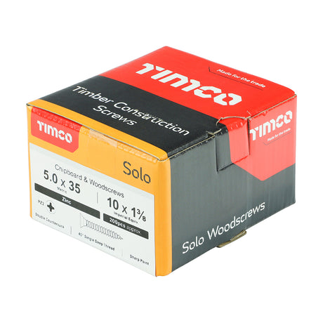 This is an image showing TIMCO Solo Chipboard & Woodscrews - PZ - Double Countersunk - Zinc - 5.0 x 35 - 200 Pieces Box available from T.H Wiggans Ironmongery in Kendal, quick delivery at discounted prices.