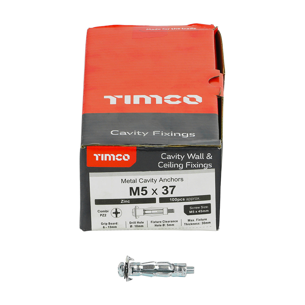 This is an image showing TIMCO Metal Cavity Anchors - Zinc - M5 x 37 (45mm Screw) - 100 Pieces Box available from T.H Wiggans Ironmongery in Kendal, quick delivery at discounted prices.