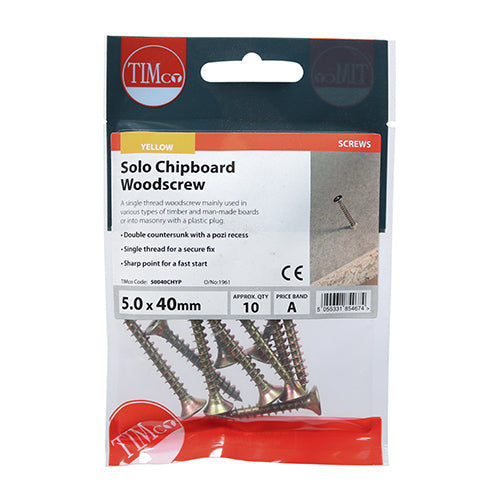 This is an image showing TIMCO Solo Woodscrews - PZ - Double Countersunk - Yellow - 5.0 x 40 - 10 Pieces TIMpac available from T.H Wiggans Ironmongery in Kendal, quick delivery at discounted prices.