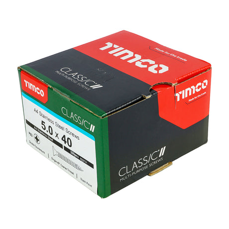 This is an image showing TIMCO Classic Multi-Purpose Screws - PZ - Double Countersunk - A4 Stainless Steel
 - 5.0 x 40 - 200 Pieces Box available from T.H Wiggans Ironmongery in Kendal, quick delivery at discounted prices.