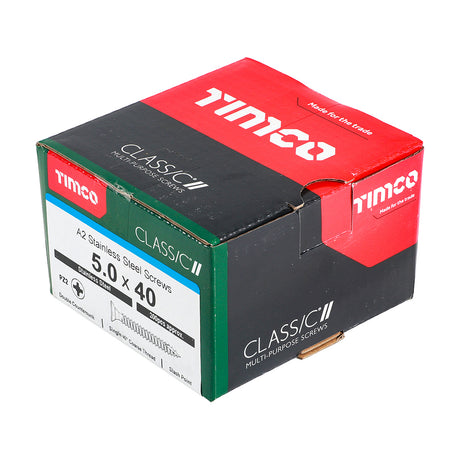 This is an image showing TIMCO Classic Multi-Purpose Screws - PZ - Double Countersunk - A2 Stainless Steel
 - 5.0 x 40 - 200 Pieces Box available from T.H Wiggans Ironmongery in Kendal, quick delivery at discounted prices.