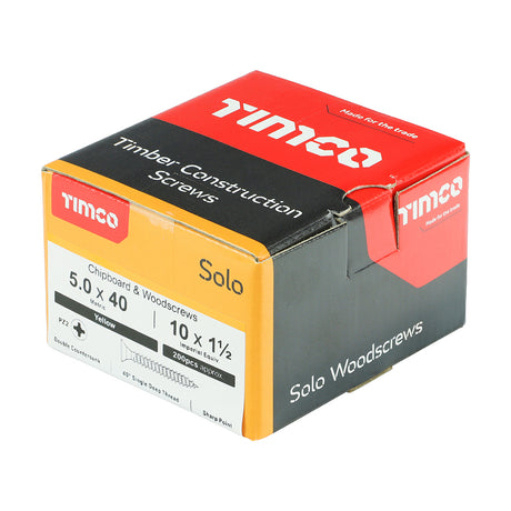 This is an image showing TIMCO Solo Chipboard & Woodscrews - PZ - Double Countersunk - Yellow - 5.0 x 40 - 200 Pieces Box available from T.H Wiggans Ironmongery in Kendal, quick delivery at discounted prices.