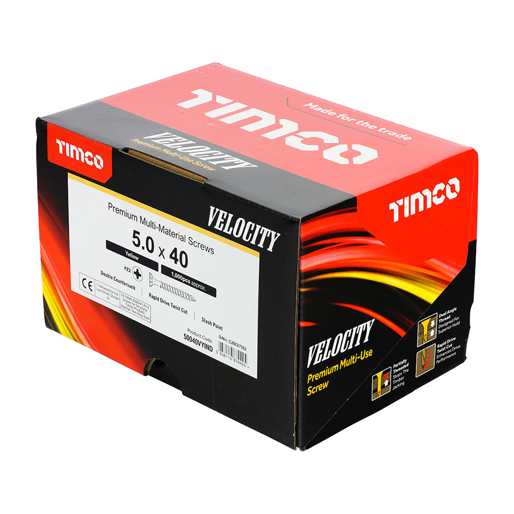 This is an image showing TIMCO Velocity Premium Multi-Use Screws - PZ - Double Countersunk - Yellow - 5.0 x 40 - 1000 Pieces Box available from T.H Wiggans Ironmongery in Kendal, quick delivery at discounted prices.