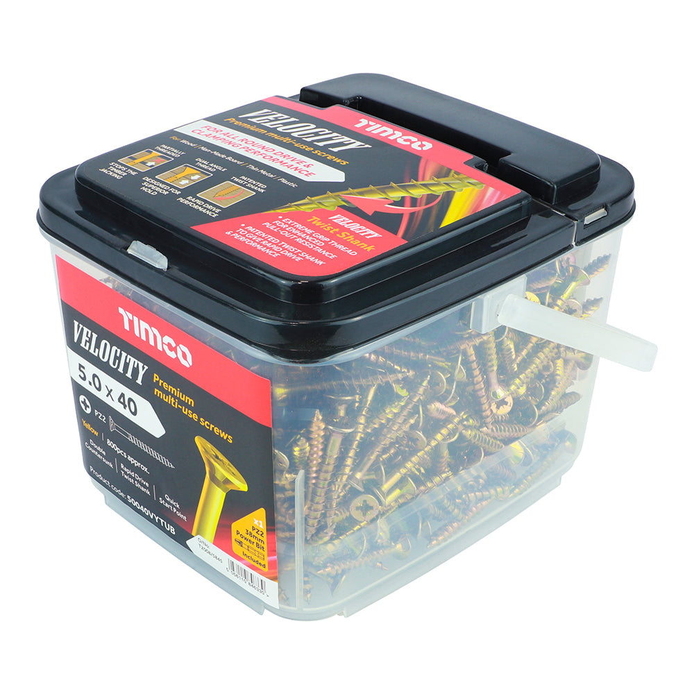 This is an image showing TIMCO Velocity Premium Multi-Use Screws - PZ - Double Countersunk - Yellow
- 5.0 x 40 - 800 Pieces Tub available from T.H Wiggans Ironmongery in Kendal, quick delivery at discounted prices.