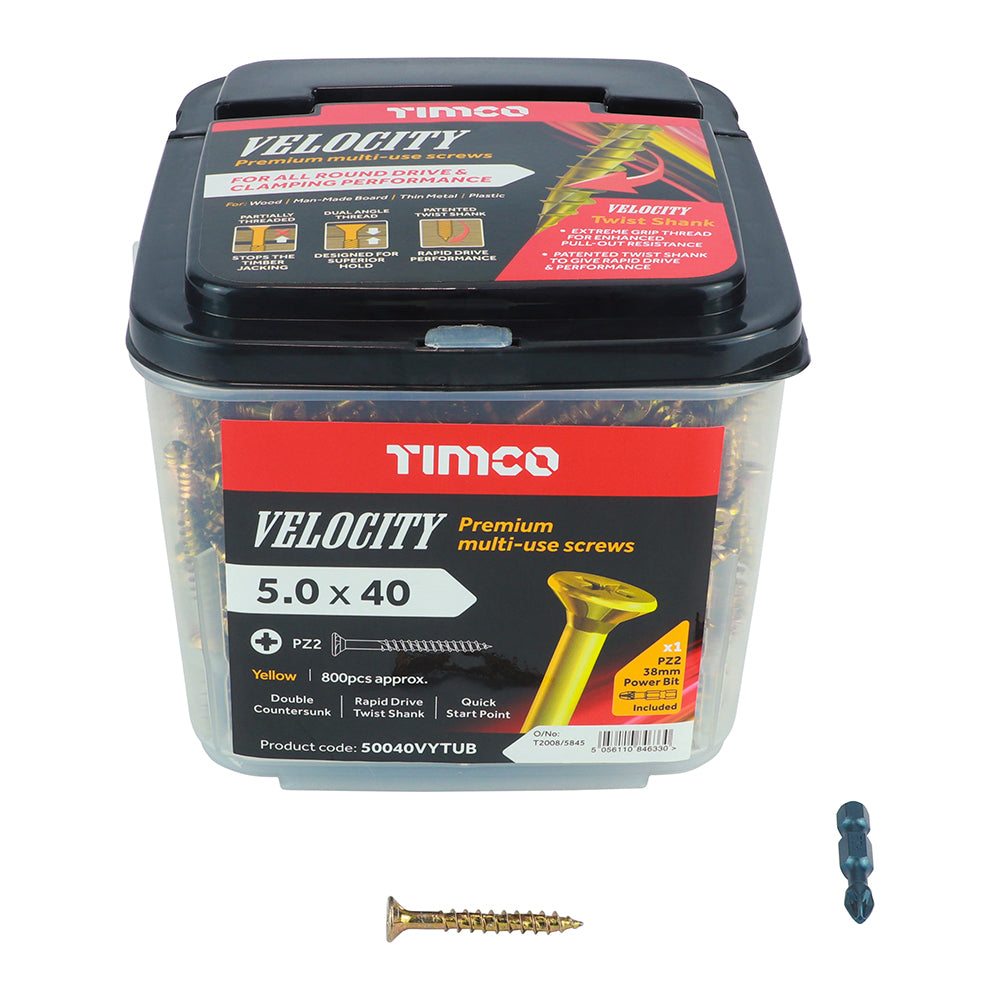 This is an image showing TIMCO Velocity Premium Multi-Use Screws - PZ - Double Countersunk - Yellow
- 5.0 x 40 - 800 Pieces Tub available from T.H Wiggans Ironmongery in Kendal, quick delivery at discounted prices.