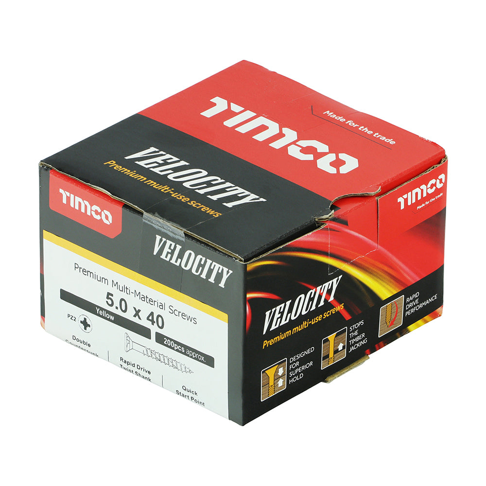 This is an image showing TIMCO Velocity Premium Multi-Use Screws - PZ - Double Countersunk - Yellow
- 5.0 x 40 - 200 Pieces Box available from T.H Wiggans Ironmongery in Kendal, quick delivery at discounted prices.