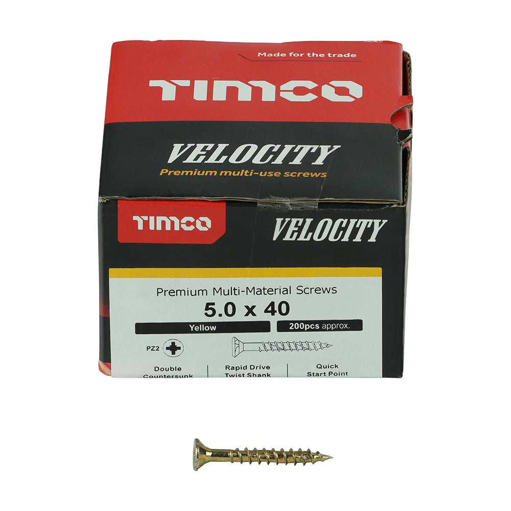 This is an image showing TIMCO Velocity Premium Multi-Use Screws - PZ - Double Countersunk - Yellow
- 5.0 x 40 - 200 Pieces Box available from T.H Wiggans Ironmongery in Kendal, quick delivery at discounted prices.