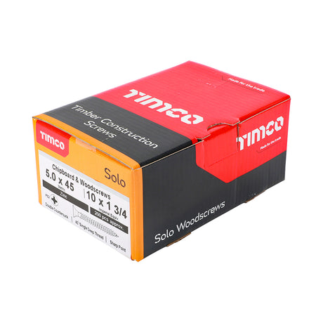 This is an image showing TIMCO Solo Chipboard & Woodscrews - PZ - Double Countersunk - Zinc - 5.0 x 45 - 200 Pieces Box available from T.H Wiggans Ironmongery in Kendal, quick delivery at discounted prices.