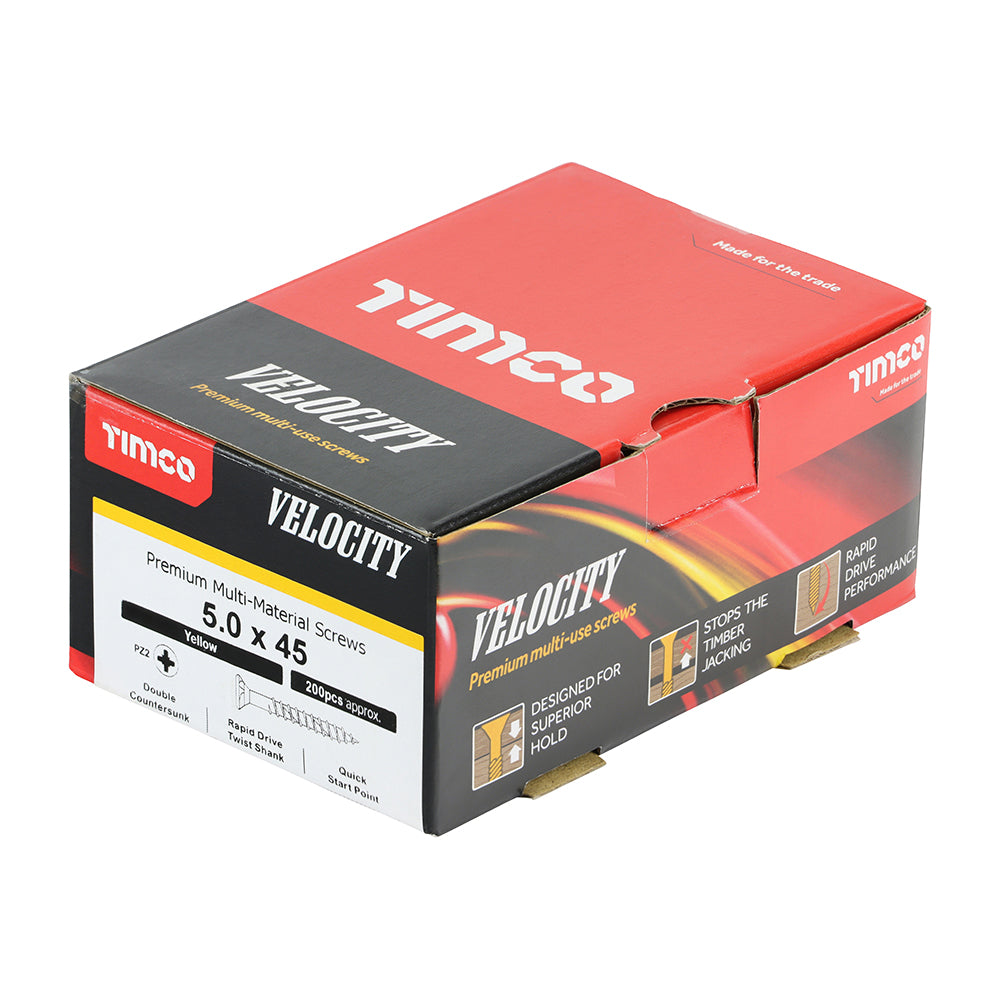 This is an image showing TIMCO Velocity Premium Multi-Use Screws - PZ - Double Countersunk - Yellow
- 5.0 x 45 - 200 Pieces Box available from T.H Wiggans Ironmongery in Kendal, quick delivery at discounted prices.