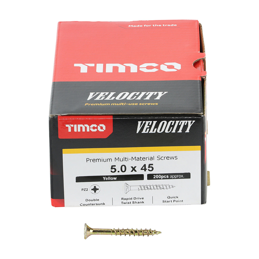 This is an image showing TIMCO Velocity Premium Multi-Use Screws - PZ - Double Countersunk - Yellow
- 5.0 x 45 - 200 Pieces Box available from T.H Wiggans Ironmongery in Kendal, quick delivery at discounted prices.