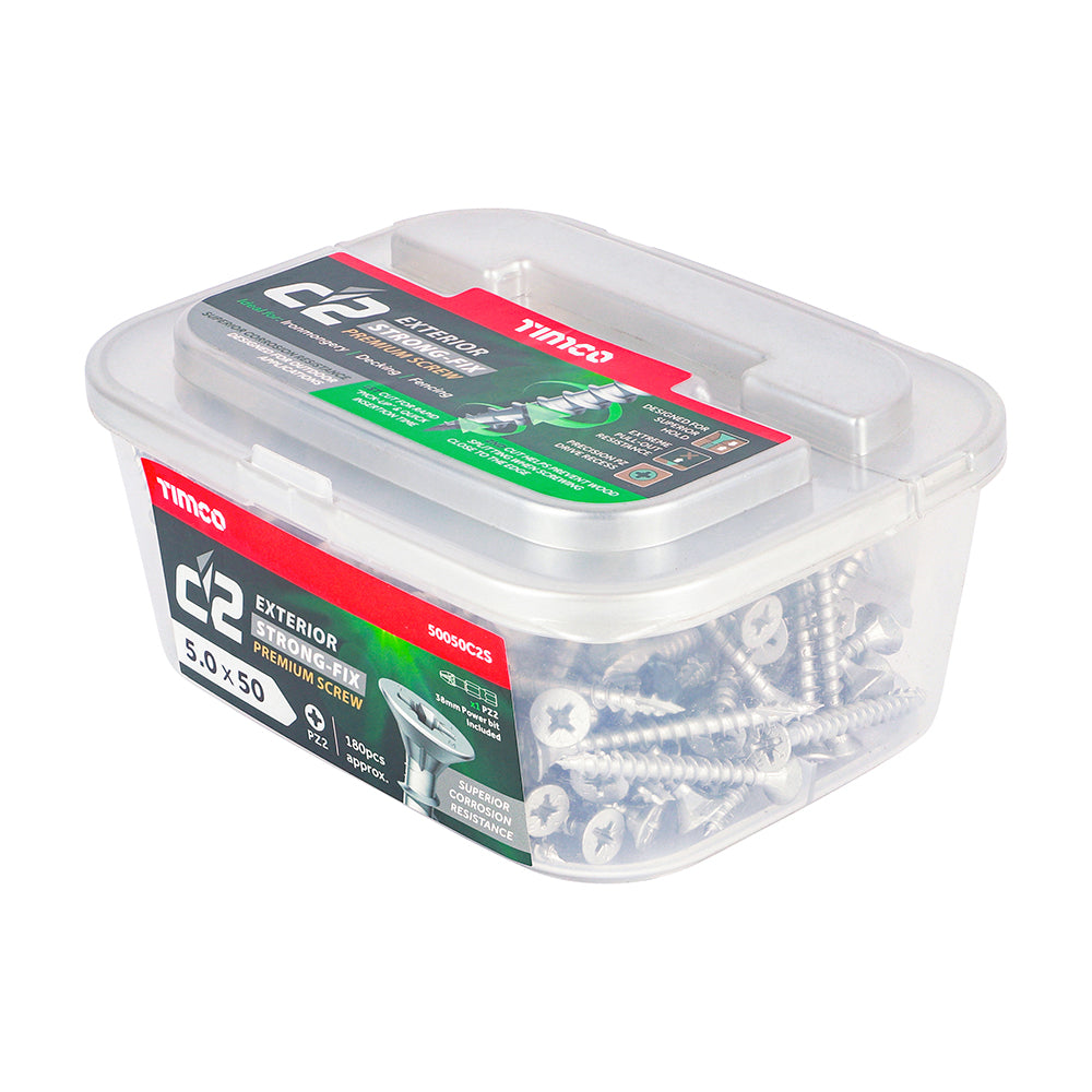 This is an image showing TIMCO C2 Exterior Strong-Fix - PZ - Double Countersunk with Ribs - Twin-Cut - Silver - 5.0 x 50 - 180 Pieces Tub available from T.H Wiggans Ironmongery in Kendal, quick delivery at discounted prices.