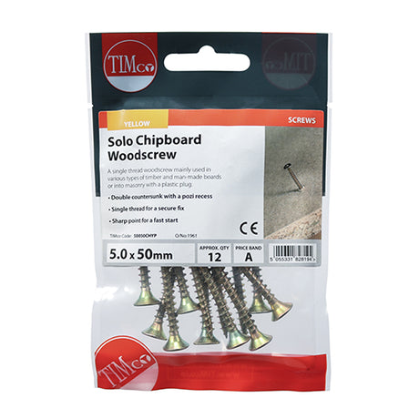 This is an image showing TIMCO Solo Woodscrews - PZ - Double Countersunk - Yellow - 5.0 x 50 - 12 Pieces TIMpac available from T.H Wiggans Ironmongery in Kendal, quick delivery at discounted prices.