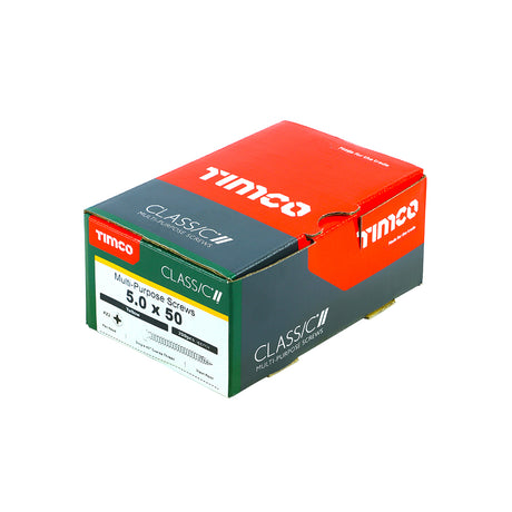 This is an image showing TIMCO Classic Multi-Purpose Screws - PZ - Pan Head - Yellow - 5.0 x 50 - 200 Pieces Box available from T.H Wiggans Ironmongery in Kendal, quick delivery at discounted prices.