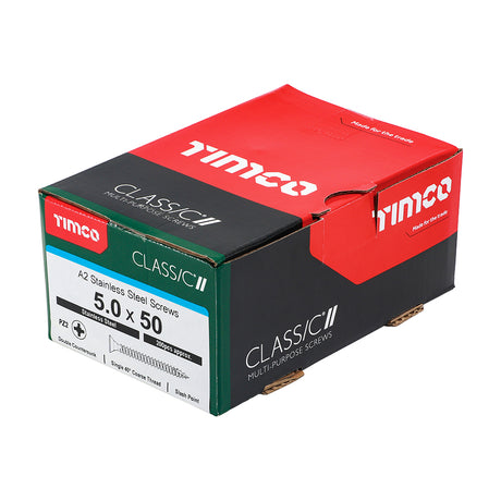 This is an image showing TIMCO Classic Multi-Purpose Screws - PZ - Double Countersunk - A2 Stainless Steel
 - 5.0 x 50 - 200 Pieces Box available from T.H Wiggans Ironmongery in Kendal, quick delivery at discounted prices.