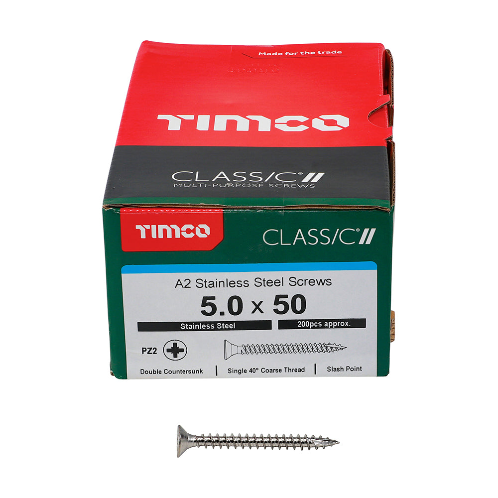 This is an image showing TIMCO Classic Multi-Purpose Screws - PZ - Double Countersunk - A2 Stainless Steel
 - 5.0 x 50 - 200 Pieces Box available from T.H Wiggans Ironmongery in Kendal, quick delivery at discounted prices.