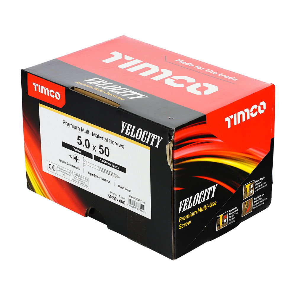 This is an image showing TIMCO Velocity Premium Multi-Use Screws - PZ - Double Countersunk - Yellow - 5.0 x 50 - 1000 Pieces Box available from T.H Wiggans Ironmongery in Kendal, quick delivery at discounted prices.