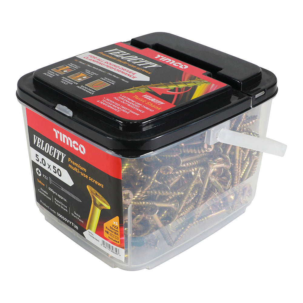 This is an image showing TIMCO Velocity Premium Multi-Use Screws - PZ - Double Countersunk - Yellow
- 5.0 x 50 - 600 Pieces Tub available from T.H Wiggans Ironmongery in Kendal, quick delivery at discounted prices.