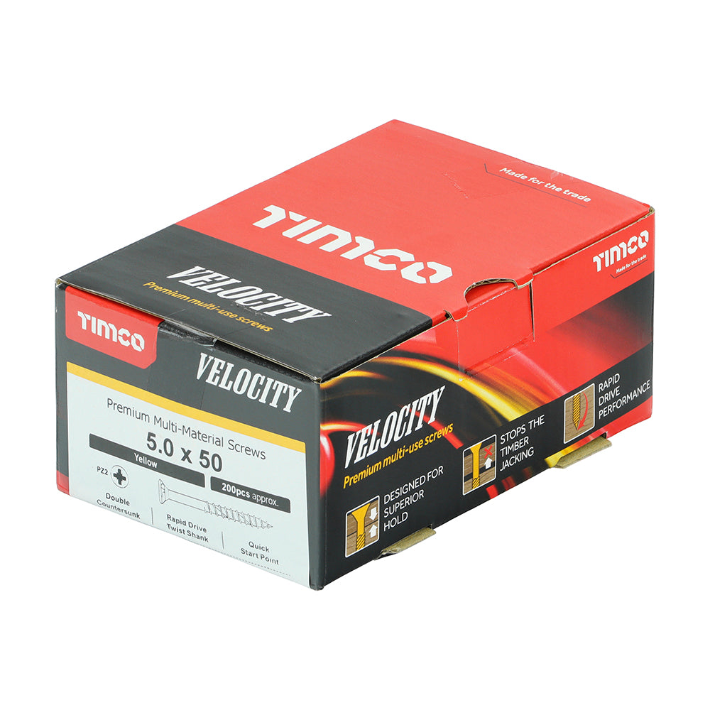 This is an image showing TIMCO Velocity Premium Multi-Use Screws - PZ - Double Countersunk - Yellow
- 5.0 x 50 - 200 Pieces Box available from T.H Wiggans Ironmongery in Kendal, quick delivery at discounted prices.
