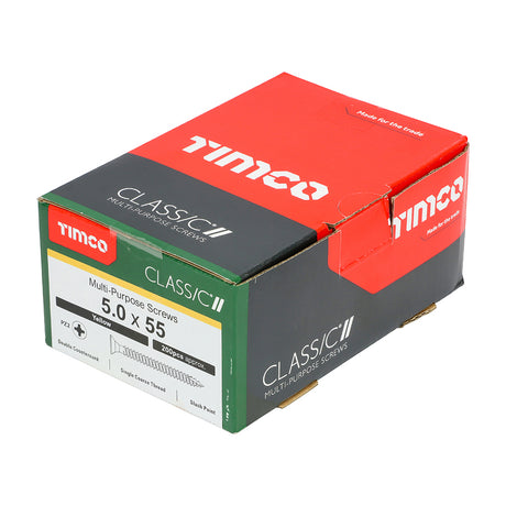 This is an image showing TIMCO Classic Multi-Purpose Screws - PZ - Double Countersunk - Yellow - 5.0 x 55 - 200 Pieces Box available from T.H Wiggans Ironmongery in Kendal, quick delivery at discounted prices.