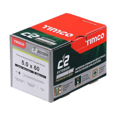 This is an image showing TIMCO C2 Exterior Strong-Fix - PZ - Double Countersunk with Ribs - Twin-Cut - Silver - 5.0 x 60 - 200 Pieces Box available from T.H Wiggans Ironmongery in Kendal, quick delivery at discounted prices.