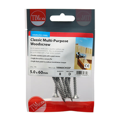 This is an image showing TIMCO Classic Multi-Purpose Screws - PZ - Double Countersunk - Stainless Steel - 5.0 x 60 - 8 Pieces TIMpac available from T.H Wiggans Ironmongery in Kendal, quick delivery at discounted prices.