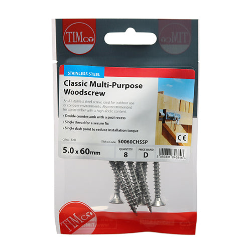 This is an image showing TIMCO Classic Multi-Purpose Screws - PZ - Double Countersunk - Stainless Steel - 5.0 x 60 - 8 Pieces TIMpac available from T.H Wiggans Ironmongery in Kendal, quick delivery at discounted prices.