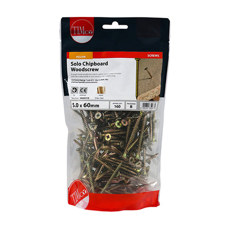 This is an image showing TIMCO Solo Woodscrews - PZ - Double Countersunk - Yellow - 5.0 x 60 - 160 Pieces TIMbag available from T.H Wiggans Ironmongery in Kendal, quick delivery at discounted prices.