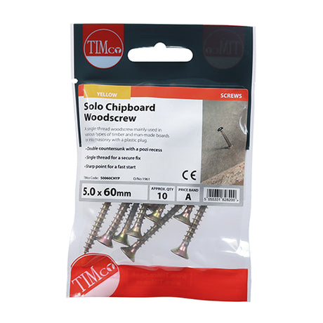 This is an image showing TIMCO Solo Woodscrews - PZ - Double Countersunk - Yellow - 5.0 x 60 - 10 Pieces TIMpac available from T.H Wiggans Ironmongery in Kendal, quick delivery at discounted prices.