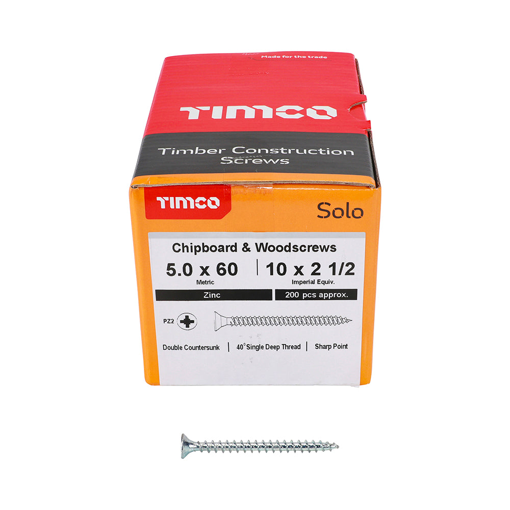 This is an image showing TIMCO Solo Chipboard & Woodscrews - PZ - Double Countersunk - Zinc - 5.0 x 60 - 200 Pieces Box available from T.H Wiggans Ironmongery in Kendal, quick delivery at discounted prices.