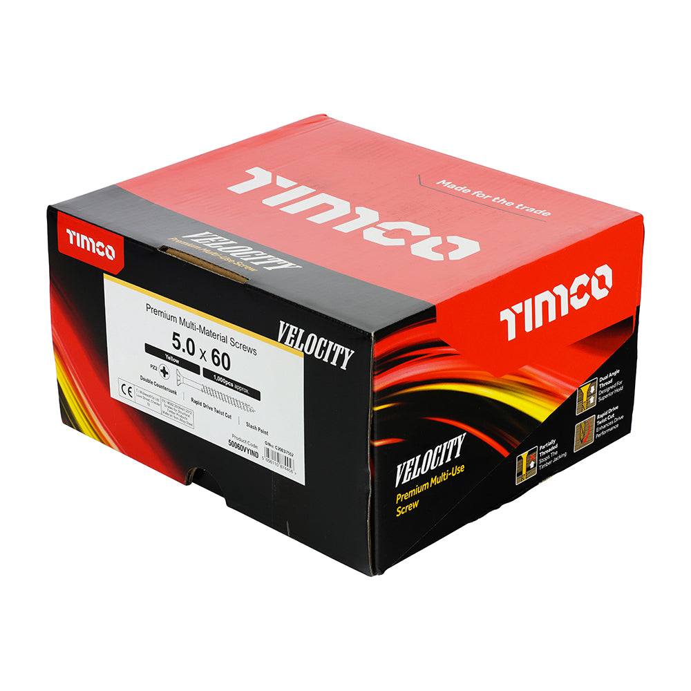 This is an image showing TIMCO Velocity Premium Multi-Use Screws - PZ - Double Countersunk - Yellow - 5.0 x 60 - 1000 Pieces Box available from T.H Wiggans Ironmongery in Kendal, quick delivery at discounted prices.