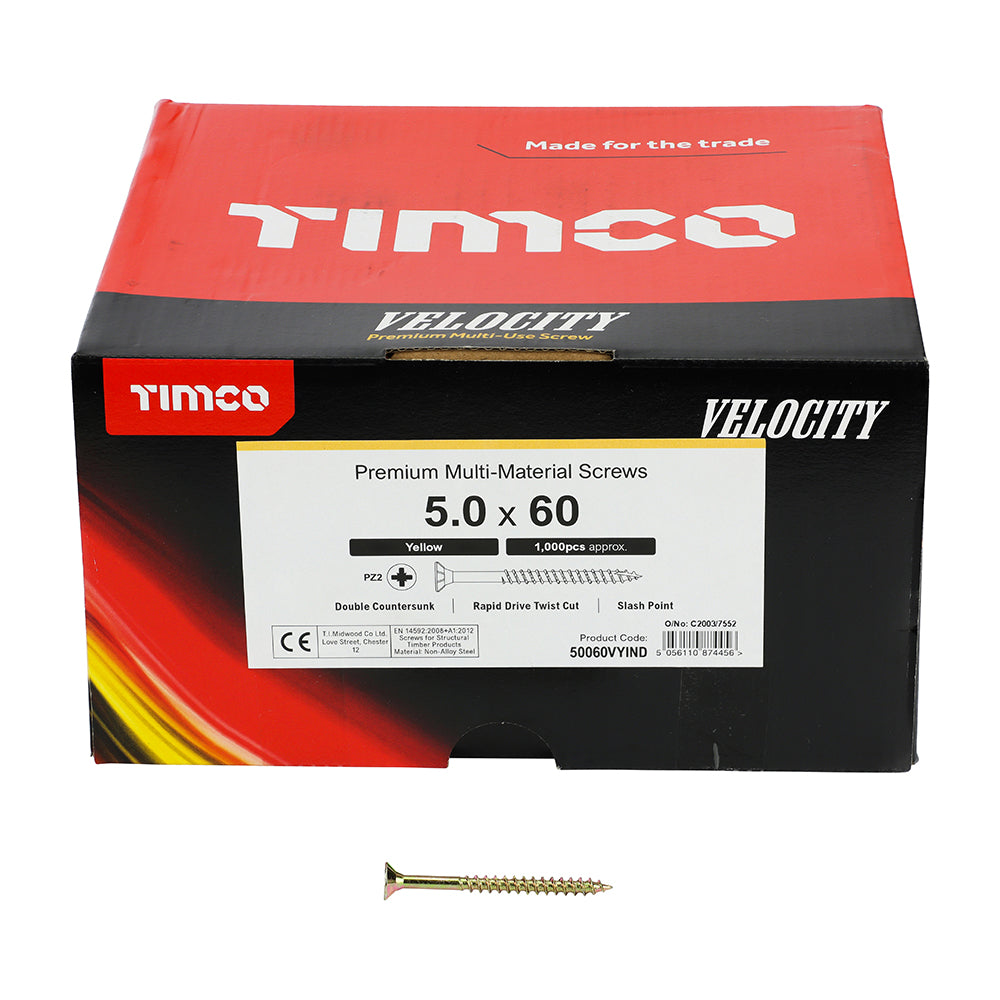 This is an image showing TIMCO Velocity Premium Multi-Use Screws - PZ - Double Countersunk - Yellow - 5.0 x 60 - 1000 Pieces Box available from T.H Wiggans Ironmongery in Kendal, quick delivery at discounted prices.