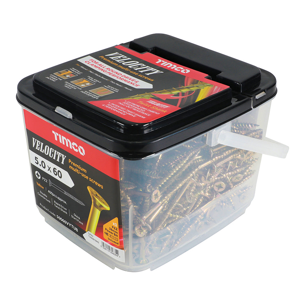 This is an image showing TIMCO Velocity Premium Multi-Use Screws - PZ - Double Countersunk - Yellow
- 5.0 x 60 - 400 Pieces Tub available from T.H Wiggans Ironmongery in Kendal, quick delivery at discounted prices.