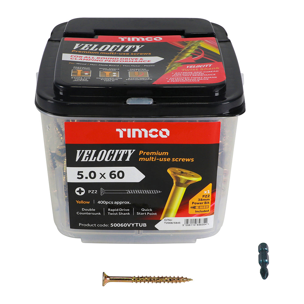 This is an image showing TIMCO Velocity Premium Multi-Use Screws - PZ - Double Countersunk - Yellow
- 5.0 x 60 - 400 Pieces Tub available from T.H Wiggans Ironmongery in Kendal, quick delivery at discounted prices.