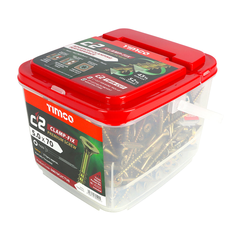 This is an image showing TIMCO C2 Clamp-Fix - TX - Double Countersunk with Ribs - Twin-Cut - Yellow - 5.0 x 70 - 375 Pieces Tub available from T.H Wiggans Ironmongery in Kendal, quick delivery at discounted prices.