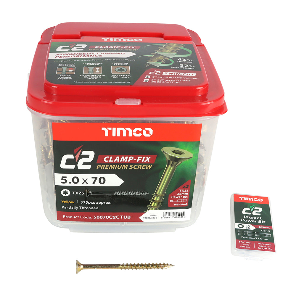 This is an image showing TIMCO C2 Clamp-Fix - TX - Double Countersunk with Ribs - Twin-Cut - Yellow - 5.0 x 70 - 375 Pieces Tub available from T.H Wiggans Ironmongery in Kendal, quick delivery at discounted prices.