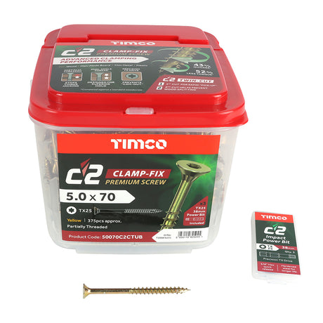 This is an image showing TIMCO C2 Clamp-Fix - TX - Double Countersunk with Ribs - Twin-Cut - Yellow - 5.0 x 70 - 375 Pieces Tub available from T.H Wiggans Ironmongery in Kendal, quick delivery at discounted prices.