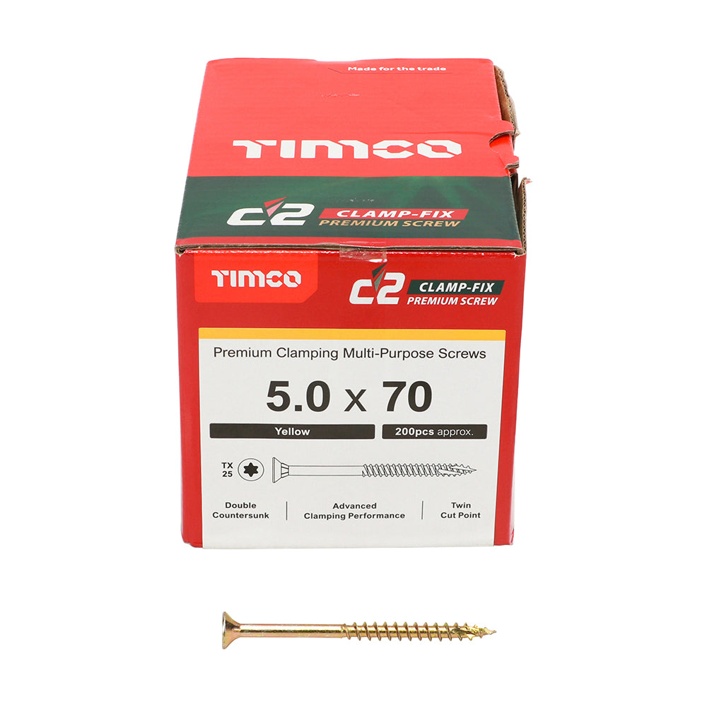 This is an image showing TIMCO C2 Clamp-Fix - TX - Double Countersunk with Ribs - Twin-Cut - Yellow - 5.0 x 70 - 200 Pieces Box available from T.H Wiggans Ironmongery in Kendal, quick delivery at discounted prices.