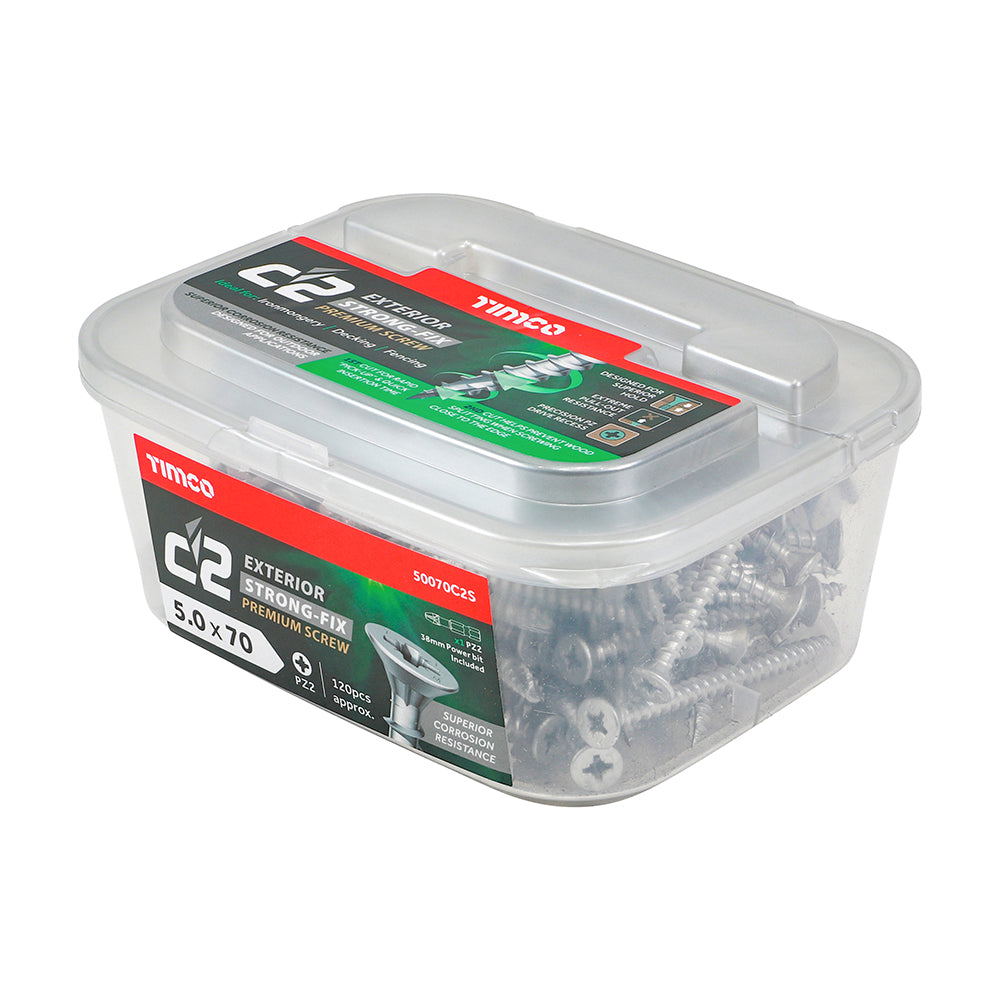 This is an image showing TIMCO C2 Exterior Strong-Fix - PZ - Double Countersunk with Ribs - Twin-Cut - Silver - 5.0 x 70 - 120 Pieces Tub available from T.H Wiggans Ironmongery in Kendal, quick delivery at discounted prices.