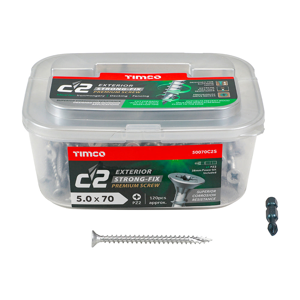 This is an image showing TIMCO C2 Exterior Strong-Fix - PZ - Double Countersunk with Ribs - Twin-Cut - Silver - 5.0 x 70 - 120 Pieces Tub available from T.H Wiggans Ironmongery in Kendal, quick delivery at discounted prices.