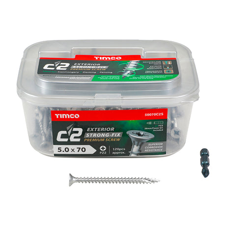 This is an image showing TIMCO C2 Exterior Strong-Fix - PZ - Double Countersunk with Ribs - Twin-Cut - Silver - 5.0 x 70 - 120 Pieces Tub available from T.H Wiggans Ironmongery in Kendal, quick delivery at discounted prices.