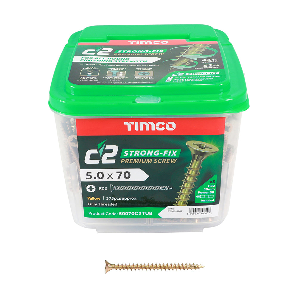 This is an image showing TIMCO C2 Strong-Fix - PZ - Double Countersunk - Twin-Cut - Yellow - 5.0 x 70 - 375 Pieces Tub available from T.H Wiggans Ironmongery in Kendal, quick delivery at discounted prices.
