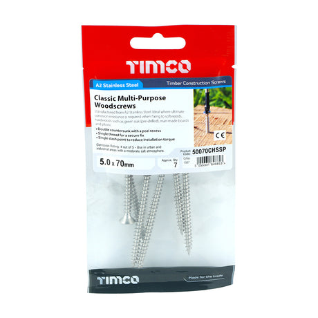 This is an image showing TIMCO Classic Multi-Purpose Screws - PZ - Double Countersunk - Stainless Steel - 5.0 x 70 - 7 Pieces TIMpac available from T.H Wiggans Ironmongery in Kendal, quick delivery at discounted prices.
