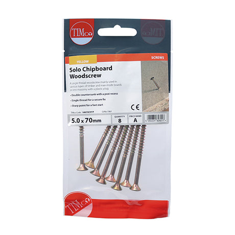 This is an image showing TIMCO Solo Woodscrews - PZ - Double Countersunk - Yellow - 5.0 x 70 - 8 Pieces TIMpac available from T.H Wiggans Ironmongery in Kendal, quick delivery at discounted prices.